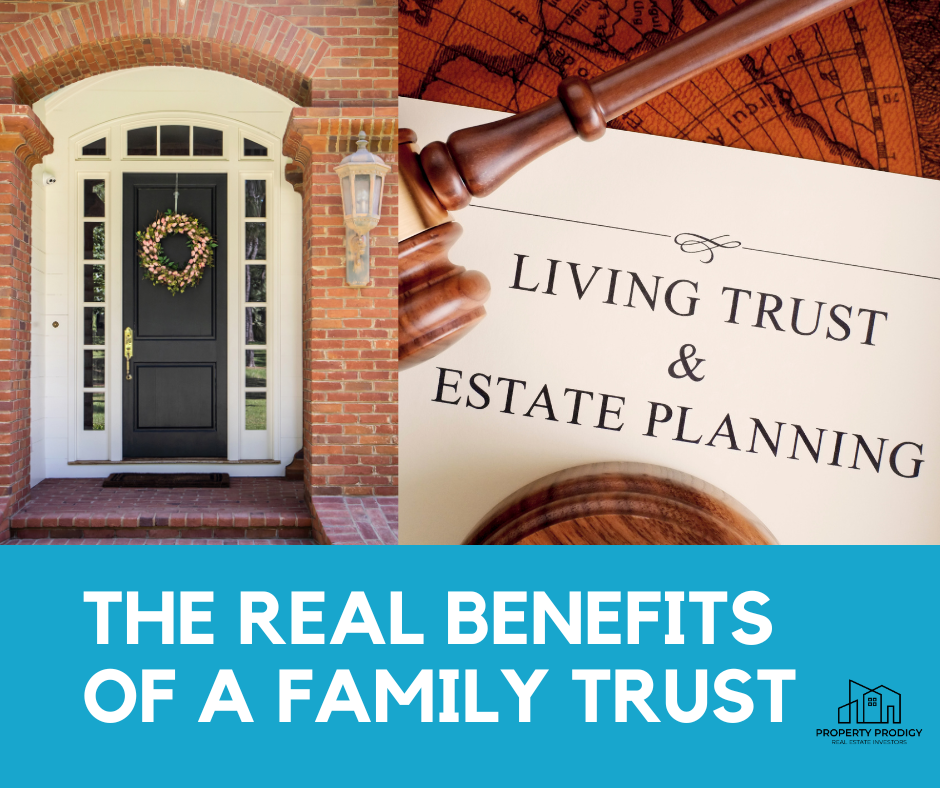 Picture of a house's front door next to a picture with a judge's gavel over documents titled Family Living trust & Estate planning in to avoid the Probate process